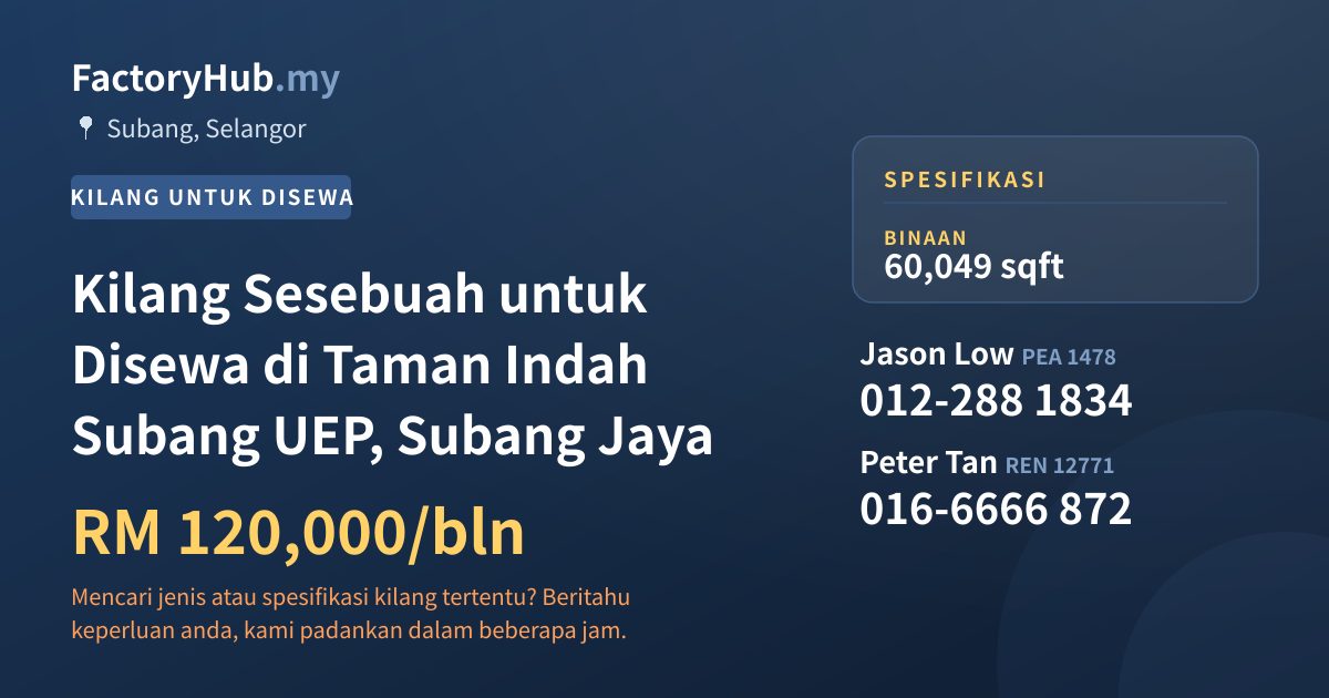 Kilang Untuk Disewa - Kilang Sesebuah untuk Disewa di Taman Indah Subang UEP, Subang Jaya - Subang, Selangor