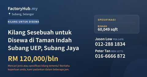 Kilang Untuk Disewa - Kilang Sesebuah untuk Disewa di Taman Indah Subang UEP, Subang Jaya - Subang, Selangor
