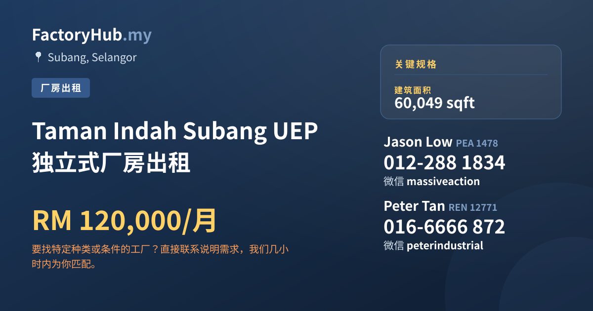 工厂 出租 - Taman Indah Subang UEP 独立式厂房出租 - Subang, Selangor