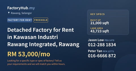 Factory For Rent - Detached Factory for Rent in Kawasan Industri Rawang Integrated, Rawang - Rawang, Selangor