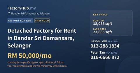 Factory For Rent - Detached Factory for Rent in Bandar Sri Damansara, Selangor - Bandar Sri Damansara, Selangor