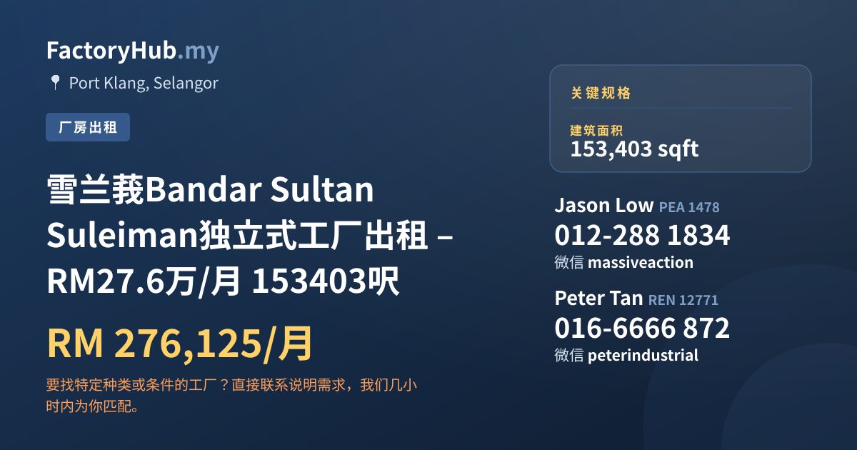 工厂 出租 - 雪兰莪Bandar Sultan Suleiman独立式工厂出租 – RM27.6万/月 153403呎 - Port Klang, Selangor