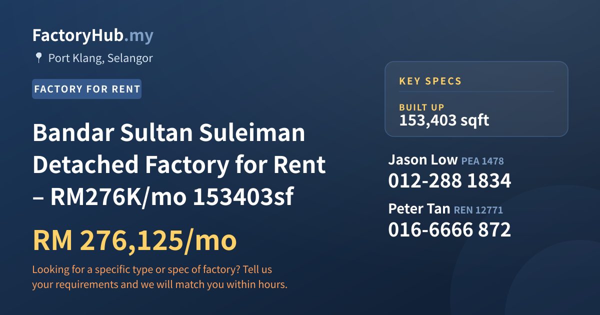 Factory For Rent - Bandar Sultan Suleiman Detached Factory for Rent – RM276K/mo 153403sf - Port Klang, Selangor