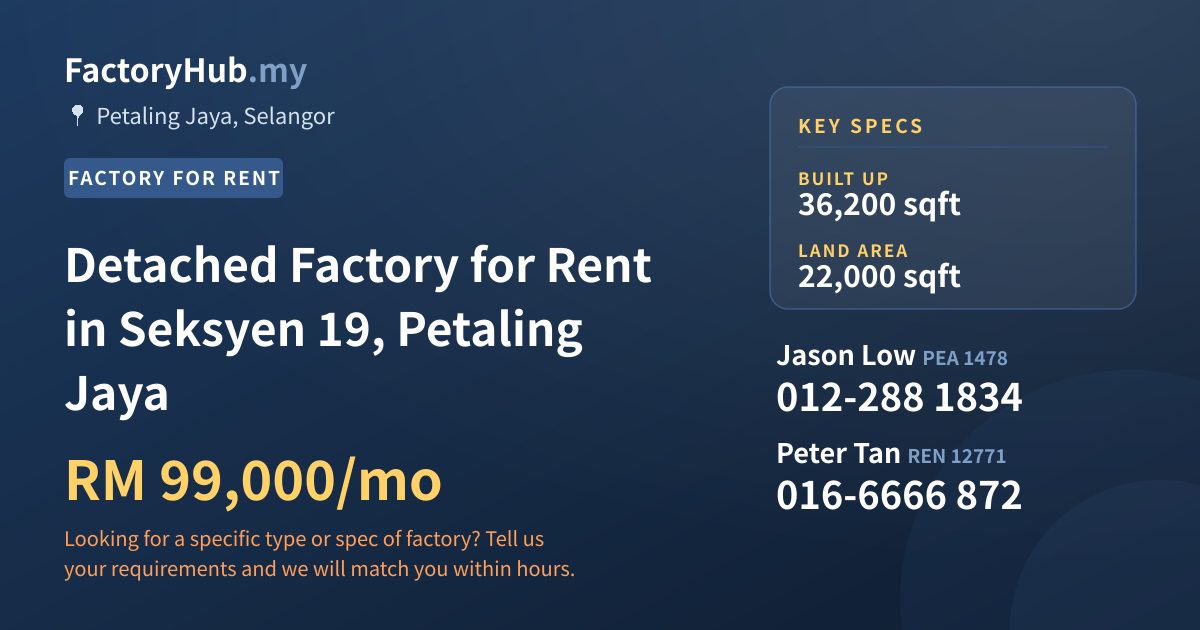 Factory For Rent - Detached Factory for Rent in Seksyen 19, Petaling Jaya - Petaling Jaya, Selangor