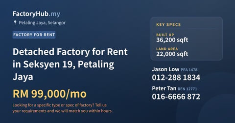 Factory For Rent - Detached Factory for Rent in Seksyen 19, Petaling Jaya - Petaling Jaya, Selangor