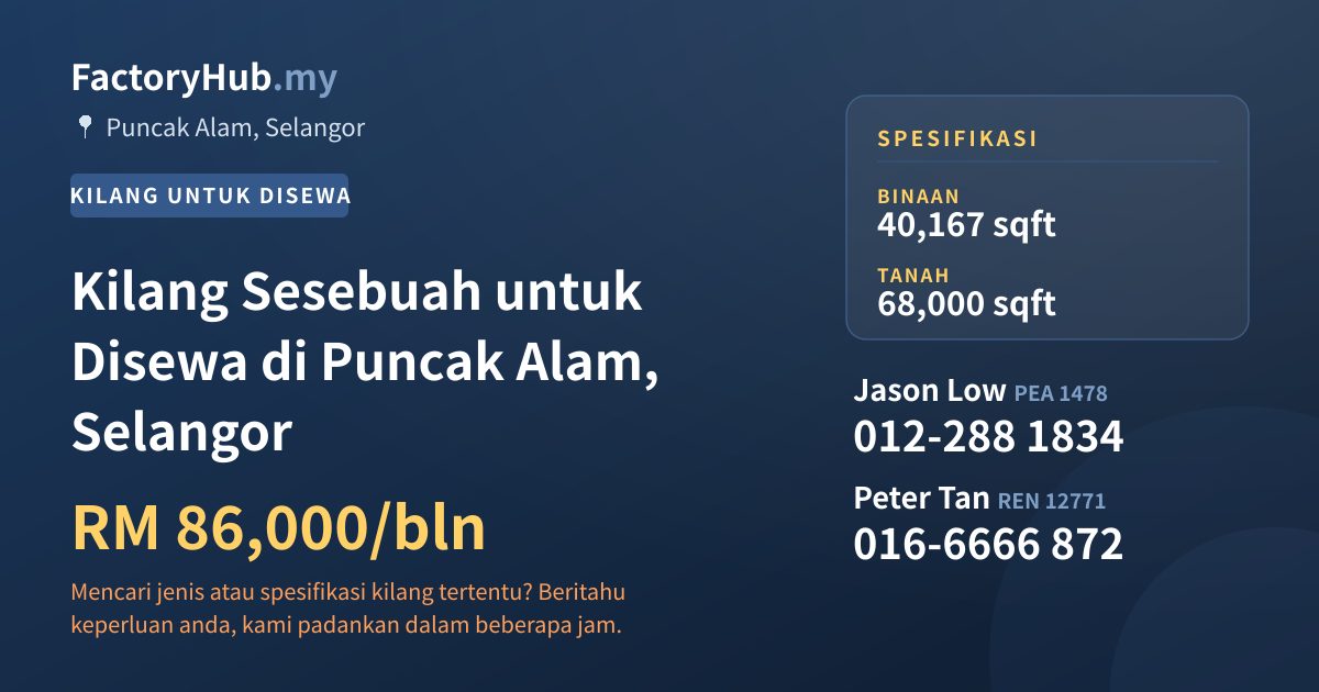 Kilang Untuk Disewa - Kilang Sesebuah untuk Disewa di Puncak Alam, Selangor - Puncak Alam, Selangor