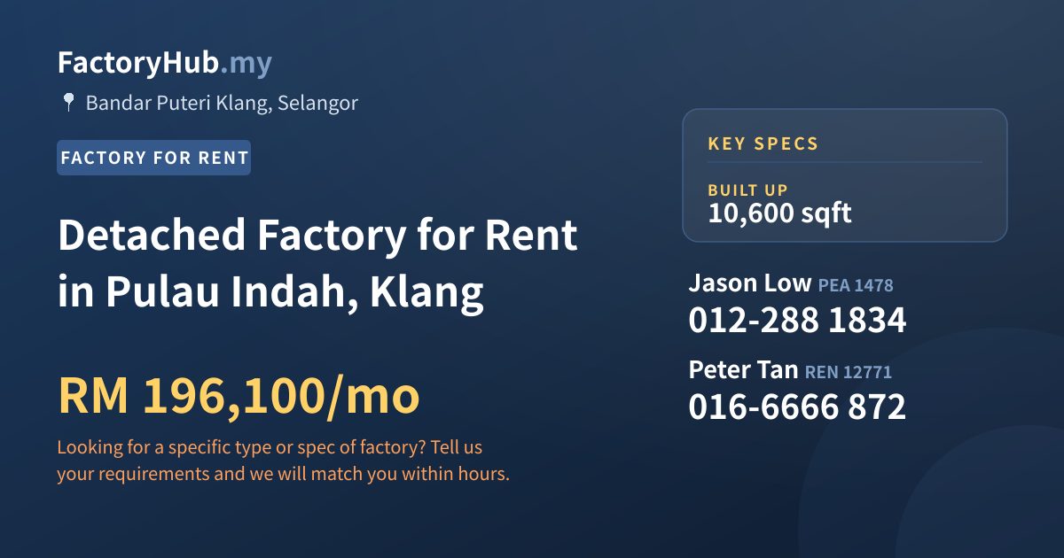 Factory For Rent - Detached Factory for Rent in Pulau Indah, Klang - Bandar Puteri Klang, Selangor