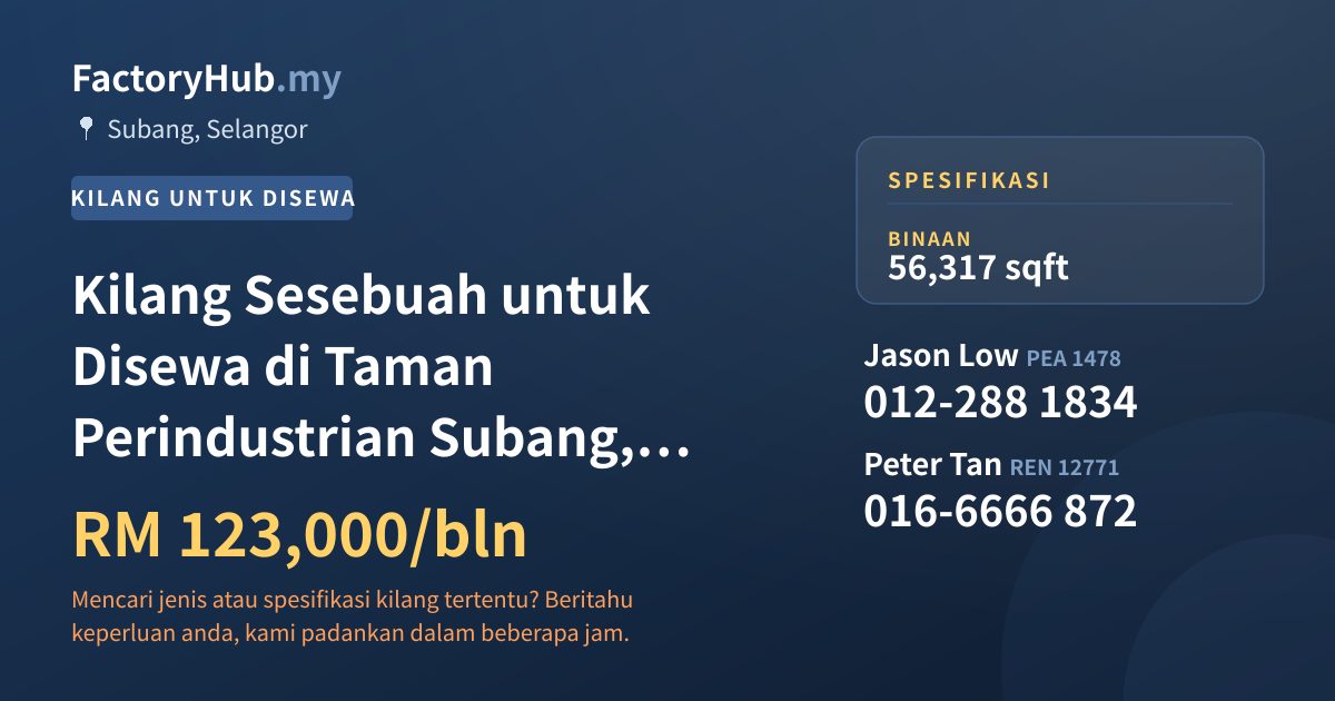 Kilang Untuk Disewa - Kilang Sesebuah untuk Disewa di Taman Perindustrian Subang, Subang Jaya - Subang, Selangor