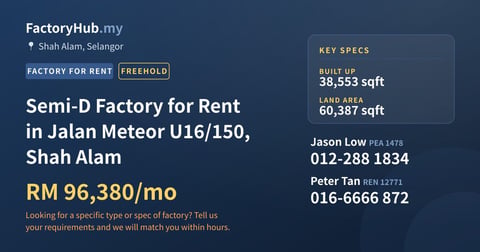 Factory For Rent - Semi-D Factory for Rent in Jalan Meteor U16/150, Shah Alam - Shah Alam, Selangor