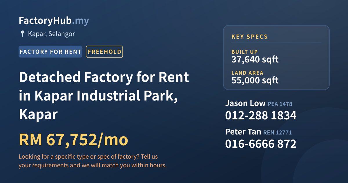 Factory For Rent - Detached Factory for Rent in Kapar Industrial Park, Kapar - Kapar, Selangor