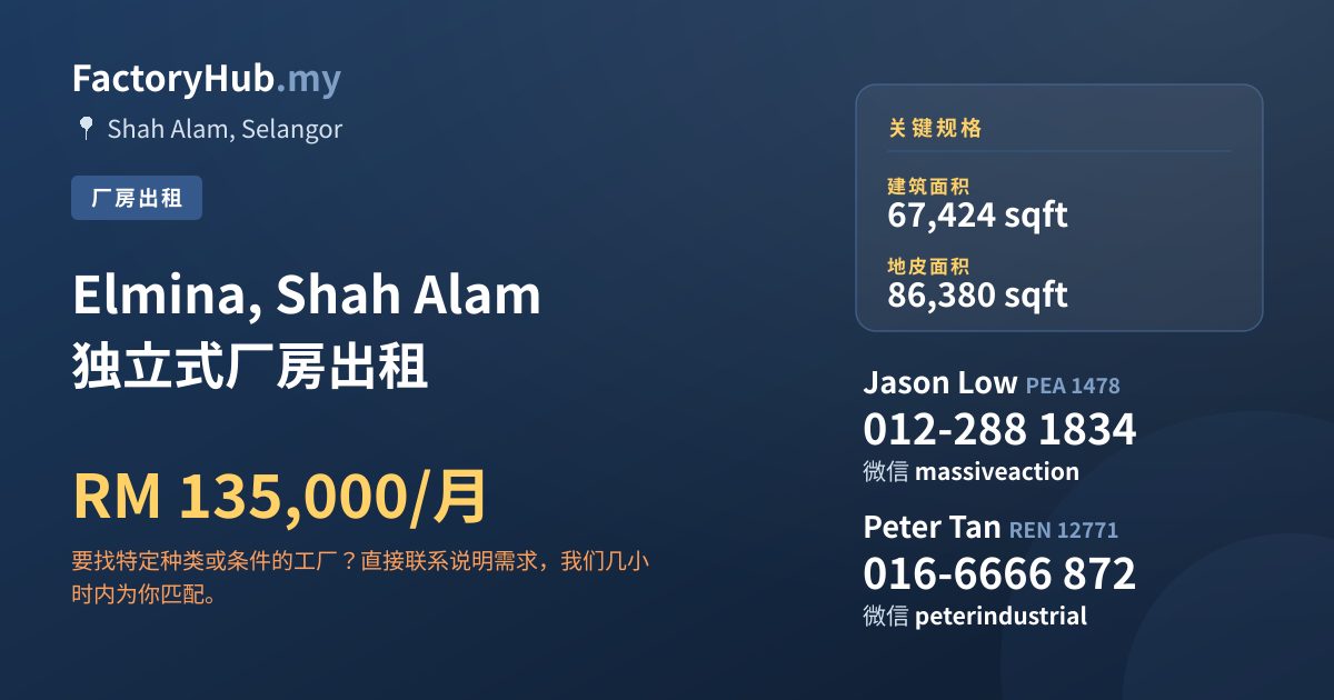 工厂 出租 - Elmina, Shah Alam 独立式厂房出租 - Shah Alam, Selangor