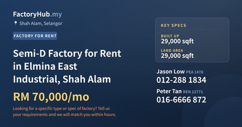 Factory For Rent - Semi-D Factory for Rent in Elmina East Industrial, Shah Alam - Shah Alam, Selangor
