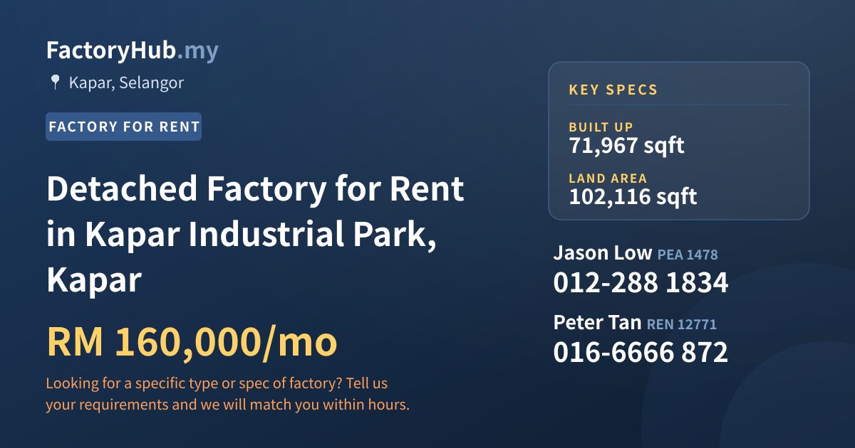 Factory For Rent - Detached Factory for Rent in Kapar Industrial Park, Kapar - Kapar, Selangor
