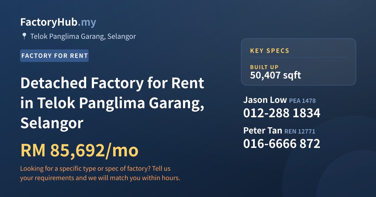 Factory For Rent - Detached Factory for Rent in Telok Panglima Garang, Selangor - Telok Panglima Garang, Selangor