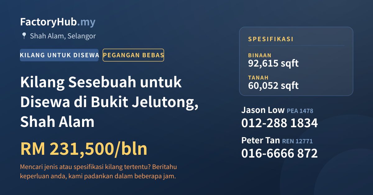 Kilang Untuk Disewa - Kilang Sesebuah untuk Disewa di Bukit Jelutong, Shah Alam - Shah Alam, Selangor