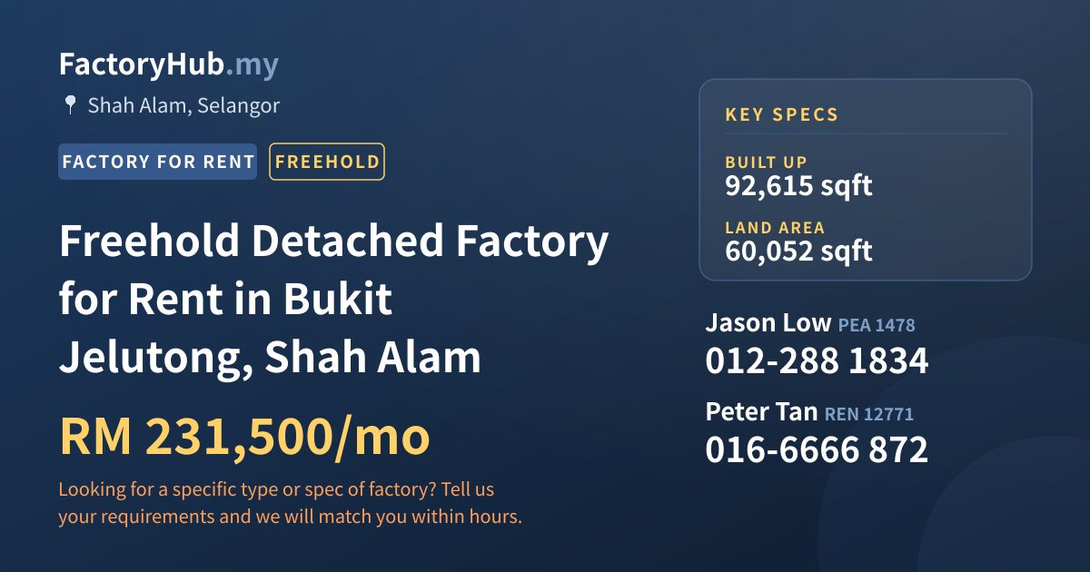 Factory For Rent - Freehold Detached Factory for Rent in Bukit Jelutong, Shah Alam - Shah Alam, Selangor