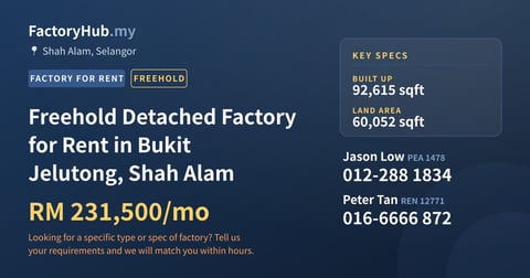 Factory For Rent - Freehold Detached Factory for Rent in Bukit Jelutong, Shah Alam - Shah Alam, Selangor