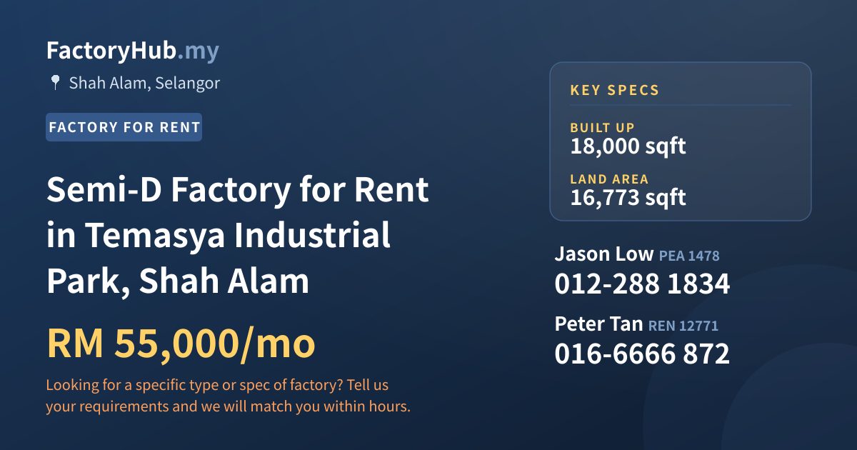Factory For Rent - Semi-D Factory for Rent in Temasya Industrial Park, Shah Alam - Shah Alam, Selangor