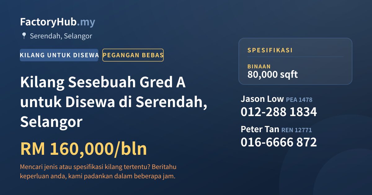 Kilang Untuk Disewa - Kilang Sesebuah Gred A untuk Disewa di Serendah, Selangor - Serendah, Selangor