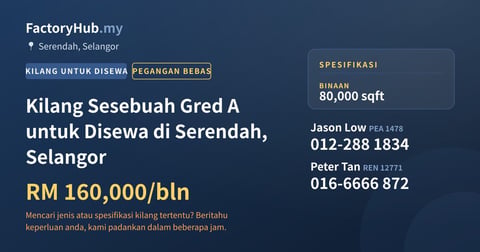 Kilang Untuk Disewa - Kilang Sesebuah Gred A untuk Disewa di Serendah, Selangor - Serendah, Selangor