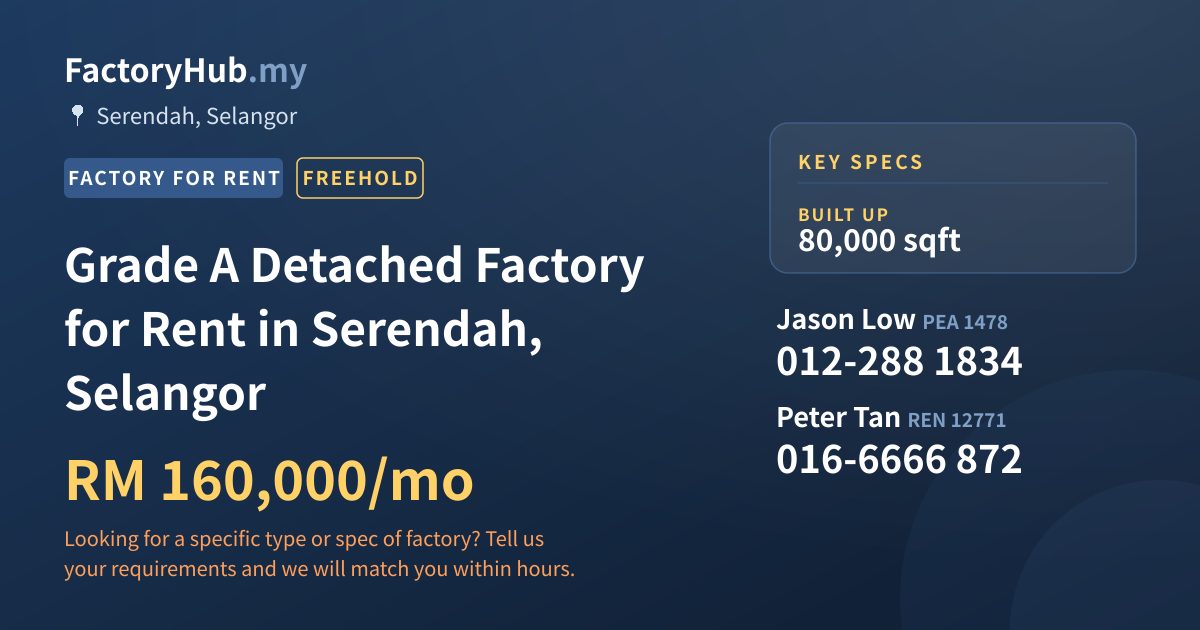 Factory For Rent - Grade A Detached Factory for Rent in Serendah, Selangor - Serendah, Selangor