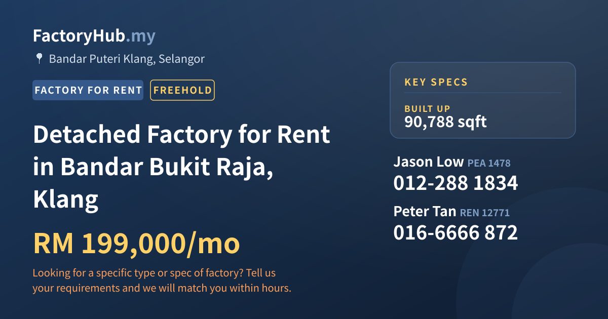 Factory For Rent - Detached Factory for Rent in Bandar Bukit Raja, Klang - Bandar Puteri Klang, Selangor