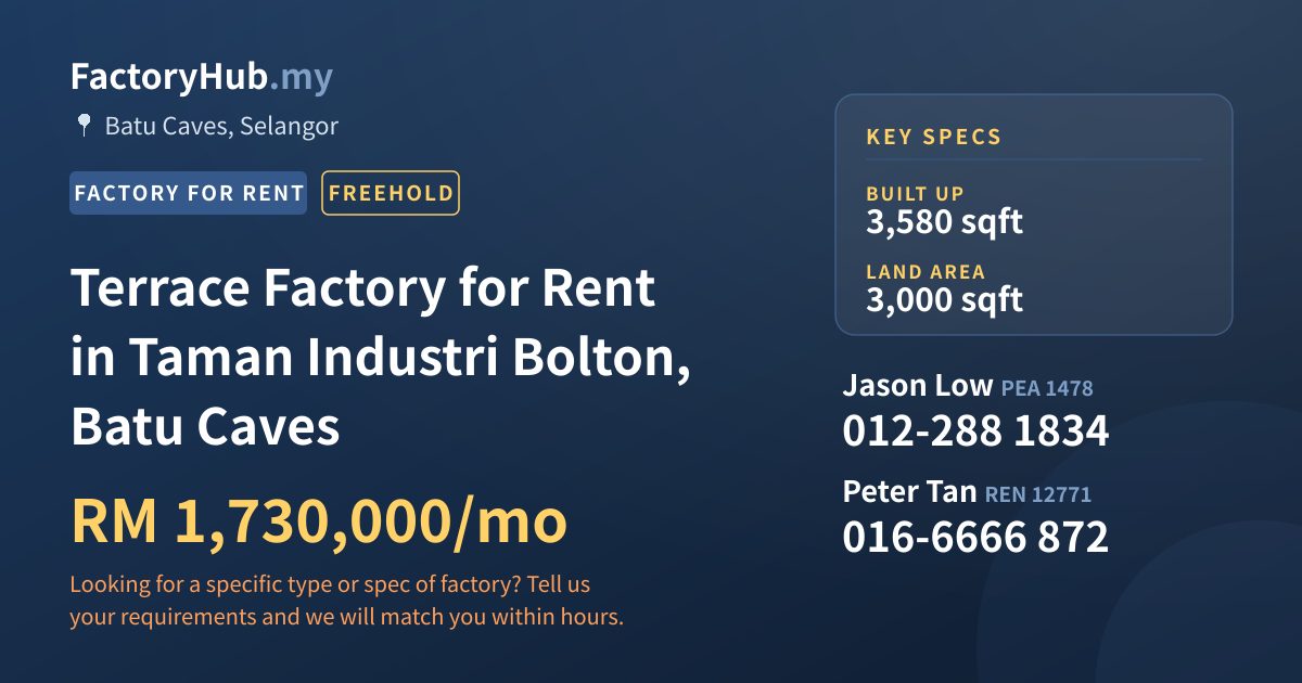 Factory For Rent - Terrace Factory for Rent in Taman Industri Bolton, Batu Caves - Batu Caves, Selangor