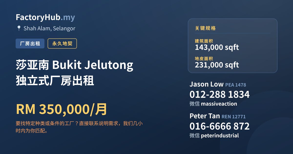 工厂 出租 - 莎亚南 Bukit Jelutong 独立式厂房出租 - Shah Alam, Selangor