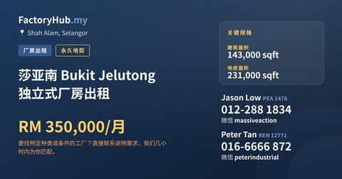 工厂 出租 - 莎亚南 Bukit Jelutong 独立式厂房出租 - Shah Alam, Selangor