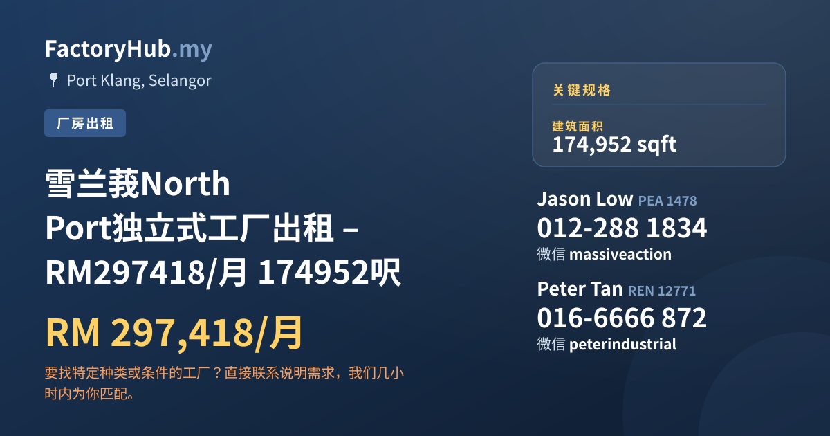 工厂 出租 - 雪兰莪North Port独立式工厂出租 – RM297418/月 174952呎 - Port Klang, Selangor