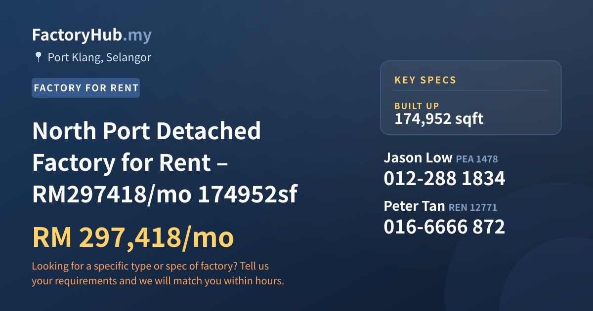 Factory For Rent - North Port Detached Factory for Rent – RM297418/mo 174952sf - Port Klang, Selangor