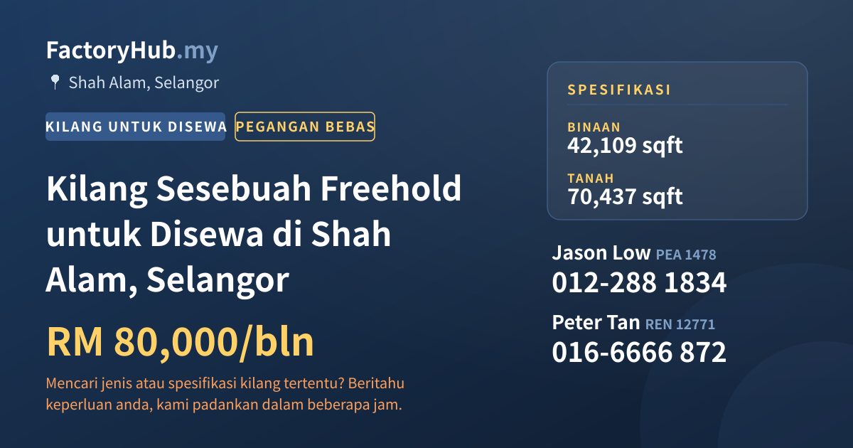 Kilang Untuk Disewa - Kilang Sesebuah Freehold untuk Disewa di Shah Alam, Selangor - Shah Alam, Selangor