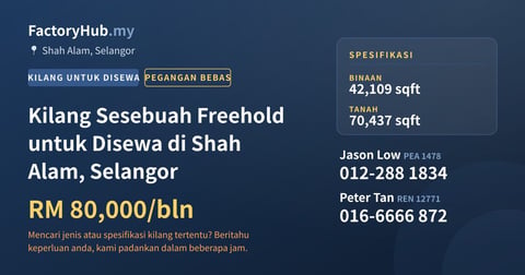 Kilang Untuk Disewa - Kilang Sesebuah Freehold untuk Disewa di Shah Alam, Selangor - Shah Alam, Selangor