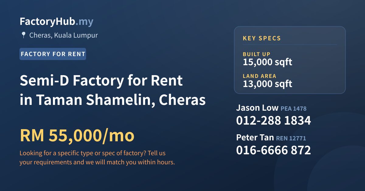 Factory For Rent - Semi-D Factory for Rent in Taman Shamelin, Cheras - Cheras, Kuala Lumpur