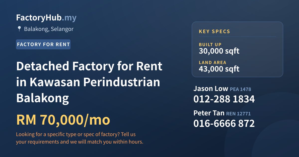 Factory For Rent - Detached Factory for Rent in Kawasan Perindustrian Balakong - Balakong, Selangor
