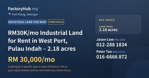 Land For Rent - RM30K/mo Industrial Land for Rent in West Port, Pulau Indah – 2.18 acres - Port Klang, Selangor