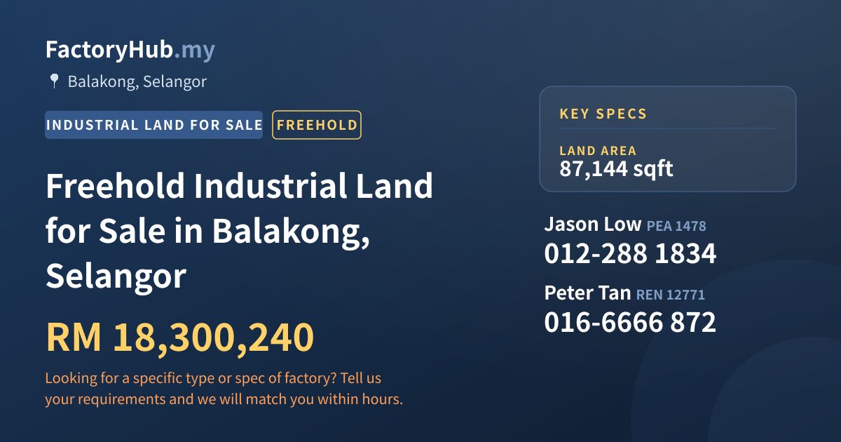 Land For Sale - Freehold Industrial Land for Sale in Balakong, Selangor - Balakong, Selangor