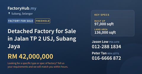 Factory For Sale - Detached Factory for Sale in Jalan TP 2 USJ, Subang Jaya - Subang, Selangor