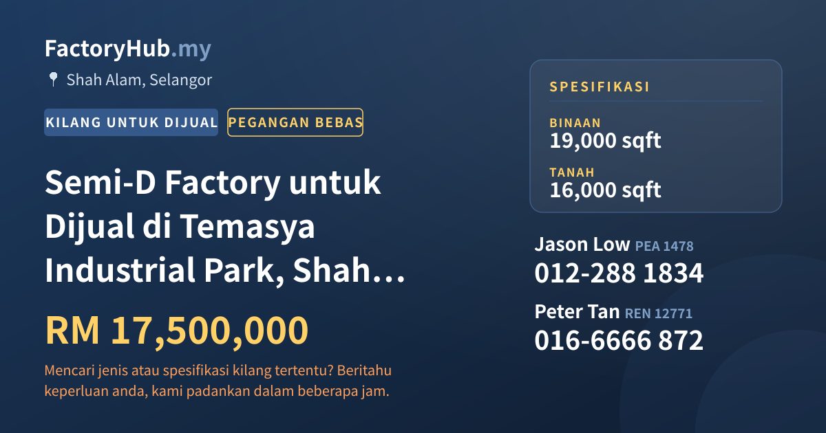 Kilang Untuk Dijual - Semi-D Factory untuk Dijual di Temasya Industrial Park, Shah Alam - Shah Alam, Selangor