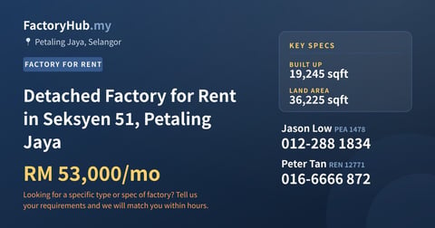 Factory For Rent - Detached Factory for Rent in Seksyen 51, Petaling Jaya - Petaling Jaya, Selangor