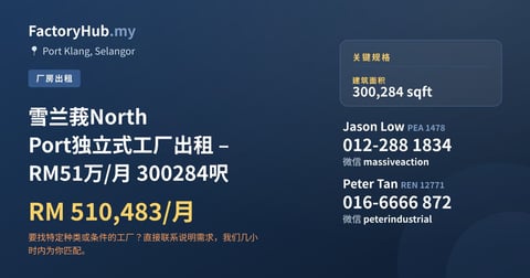 工厂 出租 - 雪兰莪North Port独立式工厂出租 – RM51万/月 300284呎 - Port Klang, Selangor