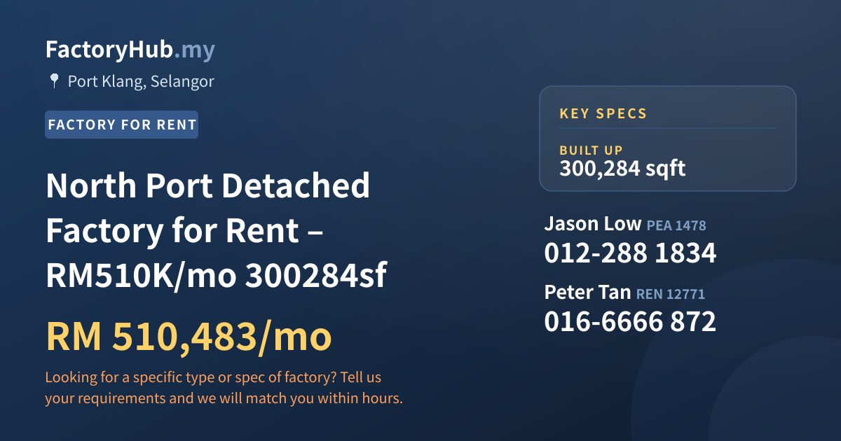 Factory For Rent - North Port Detached Factory for Rent – RM510K/mo 300284sf - Port Klang, Selangor
