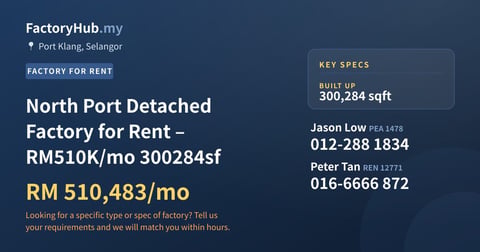 Factory For Rent - North Port Detached Factory for Rent – RM510K/mo 300284sf - Port Klang, Selangor