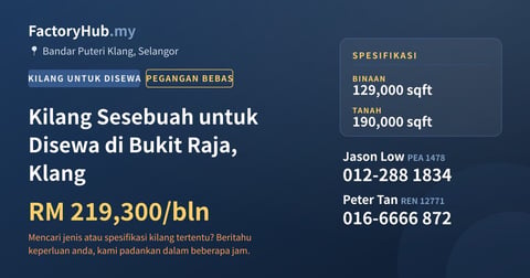 Kilang Untuk Disewa - Kilang Sesebuah untuk Disewa di Bukit Raja, Klang - Bandar Puteri Klang, Selangor