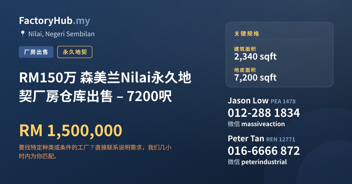 工厂 出售 - RM150万 森美兰Nilai永久地契厂房仓库出售 – 7200呎 - Nilai, Negeri Sembilan