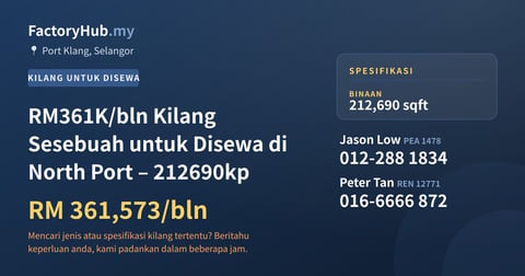 Kilang Untuk Disewa - RM361K/bln Kilang Sesebuah untuk Disewa di North Port – 212690kp - Port Klang, Selangor