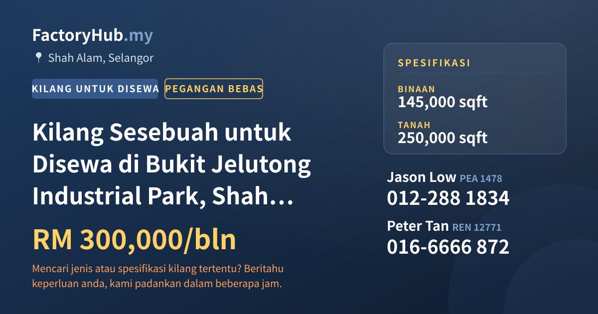 Kilang Untuk Disewa - Kilang Sesebuah untuk Disewa di Bukit Jelutong Industrial Park, Shah Alam - Shah Alam, Selangor