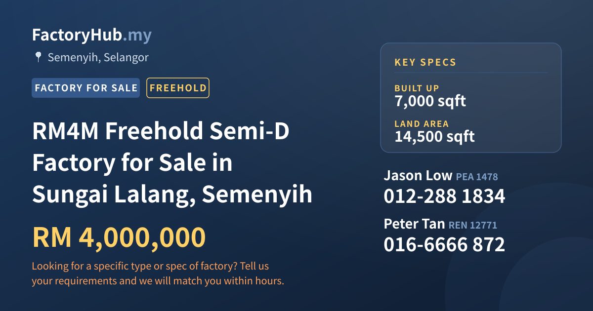 Factory For Sale - RM4M Freehold Semi-D Factory for Sale in Sungai Lalang, Semenyih - Semenyih, Selangor