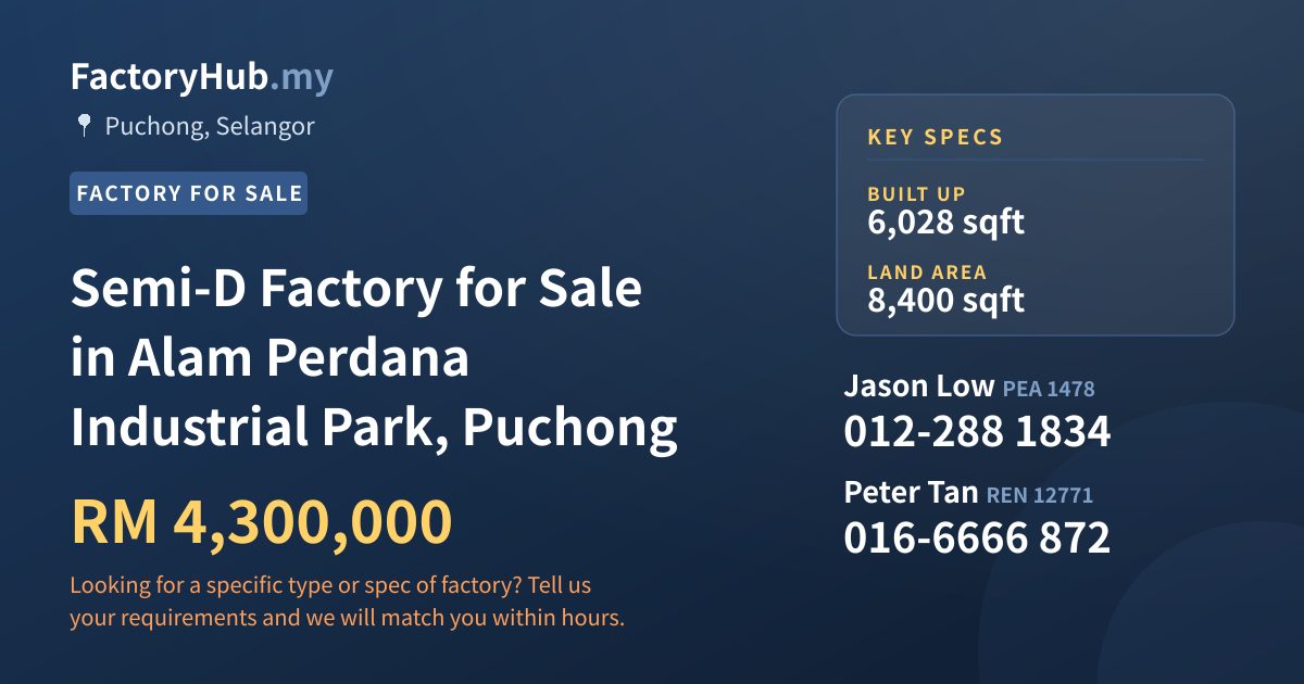 Factory For Sale - Semi-D Factory for Sale in Alam Perdana Industrial Park, Puchong - Puchong, Selangor
