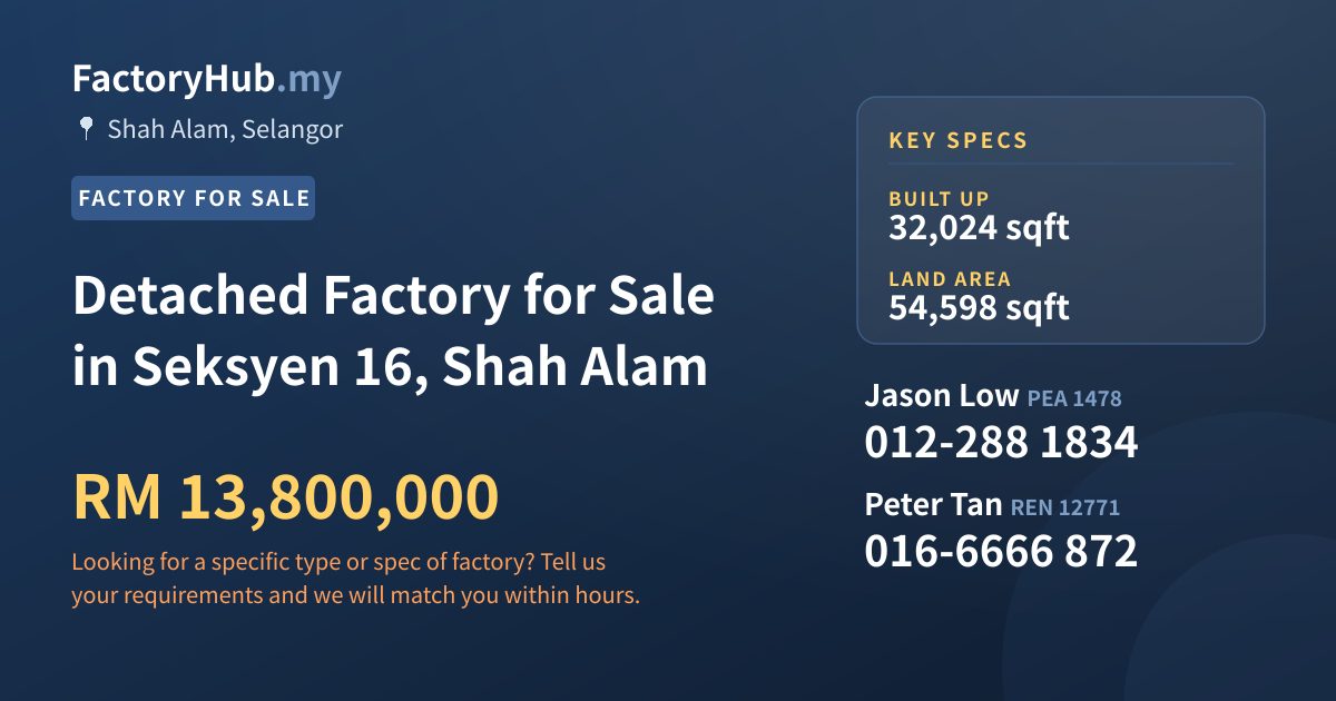 Factory For Sale - Detached Factory for Sale in Seksyen 16, Shah Alam - Shah Alam, Selangor
